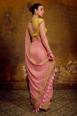 Blush Pink Banarasi Bandhani Saree with Lime Green Blouse