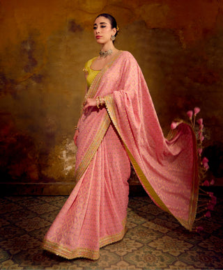 Blush Pink Banarasi Bandhani Saree with Lime Green Blouse