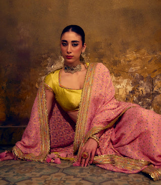 Blush Pink Banarasi Bandhani Saree with Lime Green Blouse