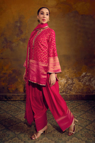 Pink Banarasi Bandhani Salwar Set with Farshi Salwar and Dupatta