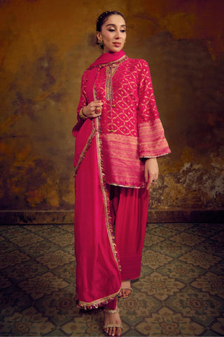 Pink Banarasi Bandhani Salwar Set with Farshi Salwar and Dupatta