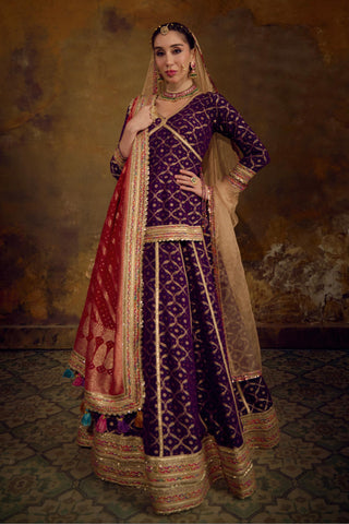 Red and Purple Banarasi Bandhani Lehenga Set by Muskkaan Kapadia