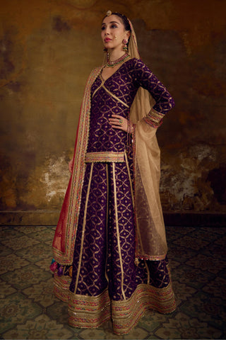 Red and Purple Banarasi Bandhani Lehenga Set by Muskkaan Kapadia