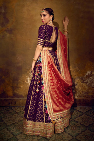 Red and Purple Banarasi Bandhani Lehenga Set by Muskkaan Kapadia