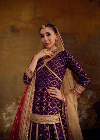Red and Purple Banarasi Bandhani Lehenga Set by Muskkaan Kapadia