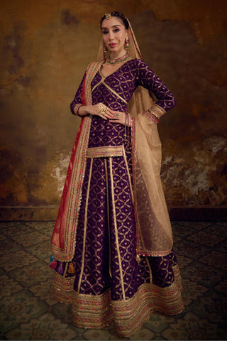Red and Purple Banarasi Bandhani Lehenga Set by Muskkaan Kapadia