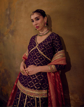 Red and Purple Banarasi Bandhani Lehenga Set by Muskkaan Kapadia