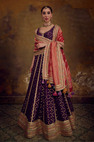 Red and Purple Banarasi Bandhani Lehenga Set with Tassels