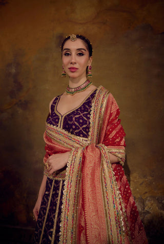 Red and Purple Banarasi Bandhani Lehenga Set with Tassels