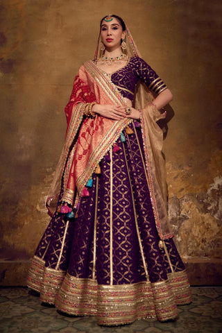 Red and Purple Banarasi Bandhani Lehenga Set with Elbow-Sleeve Blouse