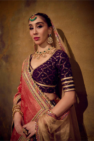 Red and Purple Banarasi Bandhani Lehenga Set with Elbow-Sleeve Blouse