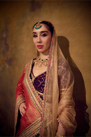 Red and Purple Banarasi Bandhani Lehenga Set with Elbow-Sleeve Blouse