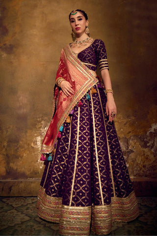 Red and Purple Banarasi Bandhani Lehenga Set with Elbow-Sleeve Blouse