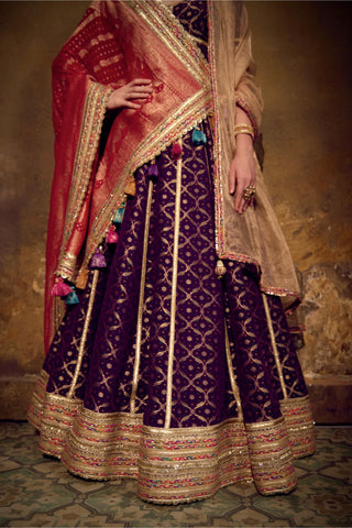 Red and Purple Banarasi Bandhani Lehenga Set with Elbow-Sleeve Blouse
