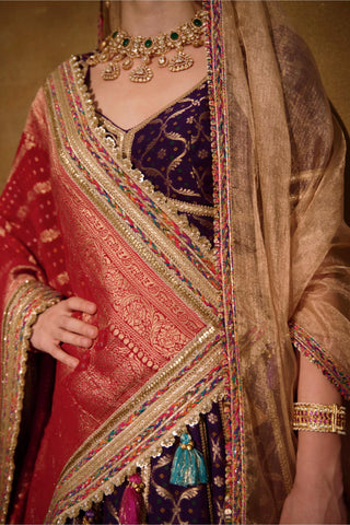 Red and Purple Banarasi Bandhani Lehenga Set with Elbow-Sleeve Blouse