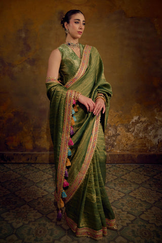 Olive Green Banarasi Tanchhoi Silk Saree with Brocade Blouse