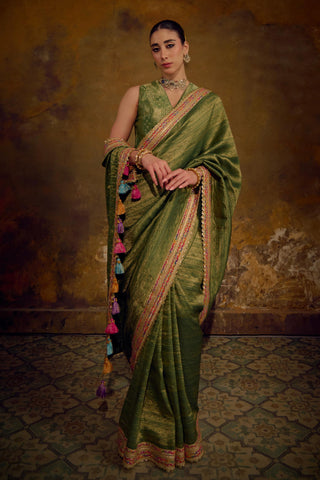 Olive Green Banarasi Tanchhoi Silk Saree with Brocade Blouse
