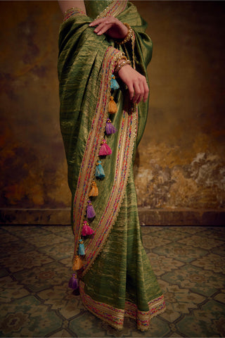 Olive Green Banarasi Tanchhoi Silk Saree with Brocade Blouse