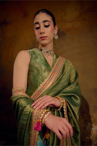Olive Green Banarasi Tanchhoi Silk Saree with Brocade Blouse