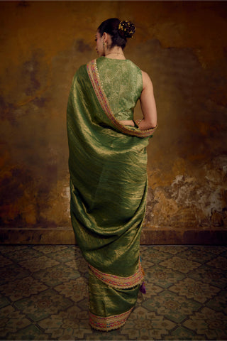Olive Green Banarasi Tanchhoi Silk Saree with Brocade Blouse