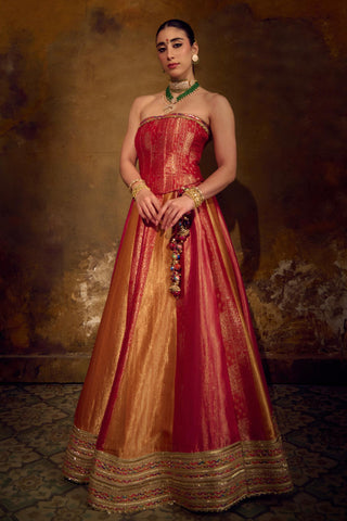 Red Pink Mustard Banarasi Brocade Lehenga Set by Muskkaan Kapadia