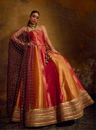 Red Pink Mustard Banarasi Brocade Lehenga Set by Muskkaan Kapadia