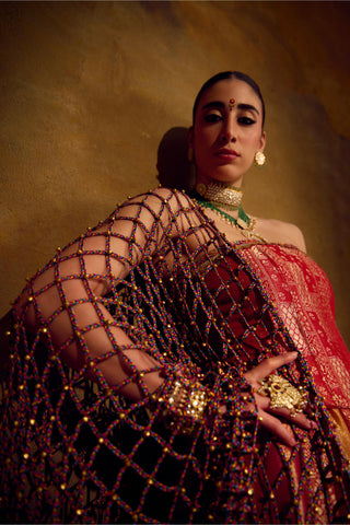 Red Pink Mustard Banarasi Brocade Lehenga Set by Muskkaan Kapadia