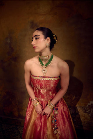 Red Pink Mustard Banarasi Brocade Lehenga Set by Muskkaan Kapadia