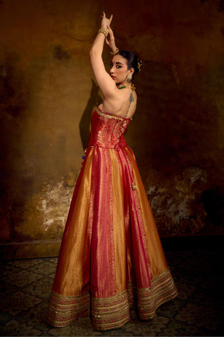 Red Pink Mustard Banarasi Brocade Lehenga Set by Muskkaan Kapadia