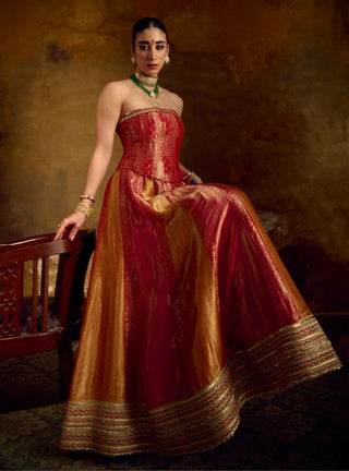 Red Pink Mustard Banarasi Brocade Lehenga Set by Muskkaan Kapadia