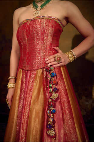Red Pink Mustard Banarasi Brocade Lehenga Set by Muskkaan Kapadia