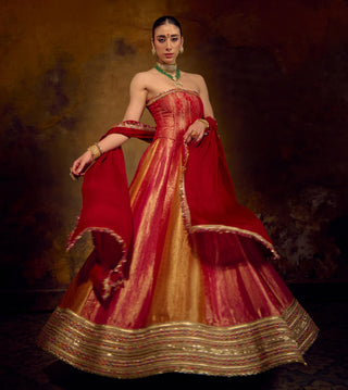 Red Pink Mustard Banarasi Brocade Lehenga Set by Muskkaan Kapadia
