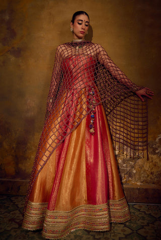 Red Pink Mustard Banarasi Brocade Lehenga Set by Muskkaan Kapadia
