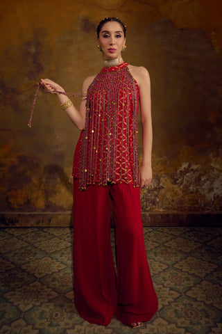 Red Banarasi Bandhani Co-Ord Set with Tassel Detailing by Muskkaan Kapadia