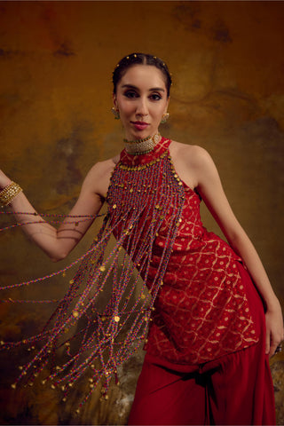 Red Banarasi Bandhani Co-Ord Set with Tassel Detailing by Muskkaan Kapadia