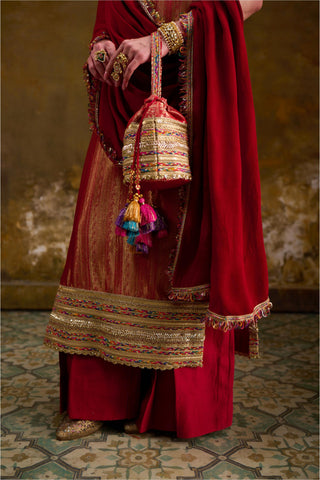 Red Tanchhoi Silk Kurta Set with Chiffon Dupatta by Muskkaan Kapadia