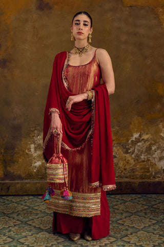 Red Tanchhoi Silk Kurta Set with Chiffon Dupatta by Muskkaan Kapadia
