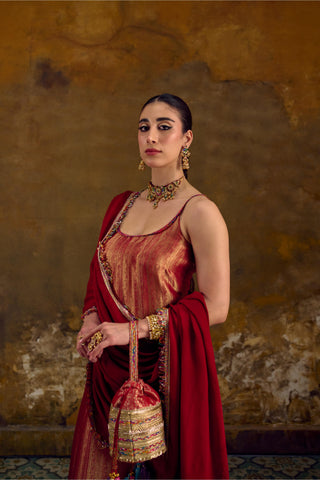 Red Tanchhoi Silk Kurta Set with Chiffon Dupatta by Muskkaan Kapadia