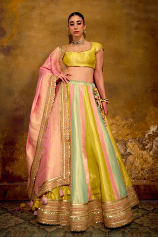 Multicolor Banarasi Brocade Lehenga Set with Pink Bandhani Dupatta