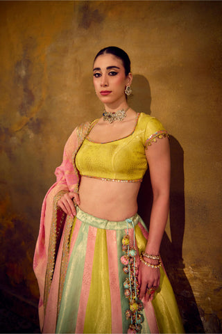 Multicolor Banarasi Brocade Lehenga Set with Pink Bandhani Dupatta