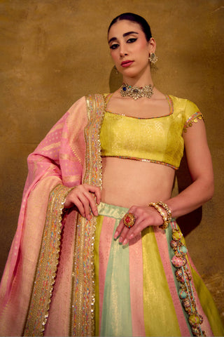 Multicolor Banarasi Brocade Lehenga Set with Pink Bandhani Dupatta