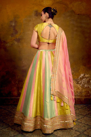 Multicolor Banarasi Brocade Lehenga Set with Pink Bandhani Dupatta