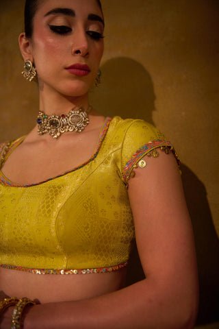 Multicolor Banarasi Brocade Lehenga Set with Pink Bandhani Dupatta