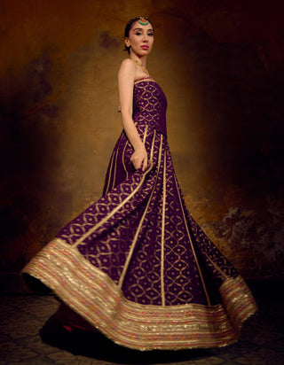 Red and Purple Banarasi Bandhani Lehenga Set by Muskkaan Kapadia