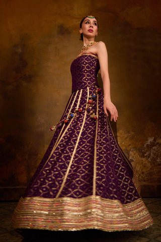 Red and Purple Banarasi Bandhani Lehenga Set by Muskkaan Kapadia