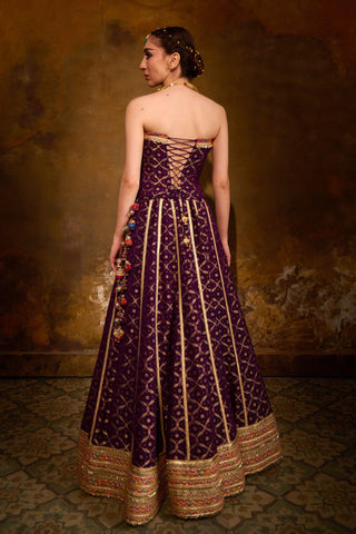 Red and Purple Banarasi Bandhani Lehenga Set by Muskkaan Kapadia