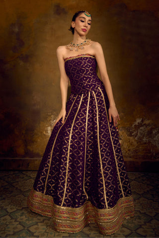 Red and Purple Banarasi Bandhani Lehenga Set by Muskkaan Kapadia