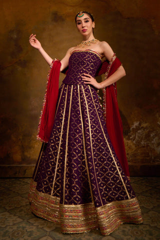 Red and Purple Banarasi Bandhani Lehenga Set by Muskkaan Kapadia