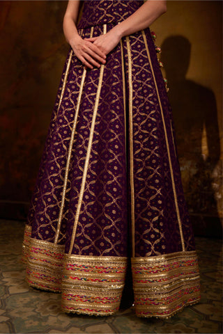 Red and Purple Banarasi Bandhani Lehenga Set by Muskkaan Kapadia