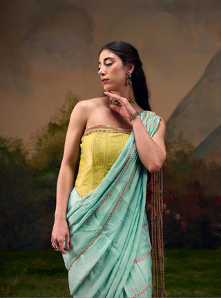 Aqua Blue Chiffon Saree with Braided Tassels and Lime Green Corset